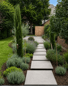 Jardin avec piscine, terrasse bois et cabane de jardin