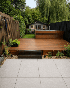 Terrasse grès cérame, bois composite, bardage piscine hors sol en pin thermowood, mise en couleur des palissades bois en noir