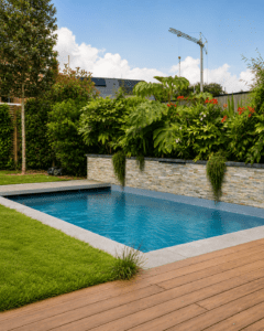 Piscine moderne entourée de plantes tropicales et terrasse en bois dans un jardin paysager.